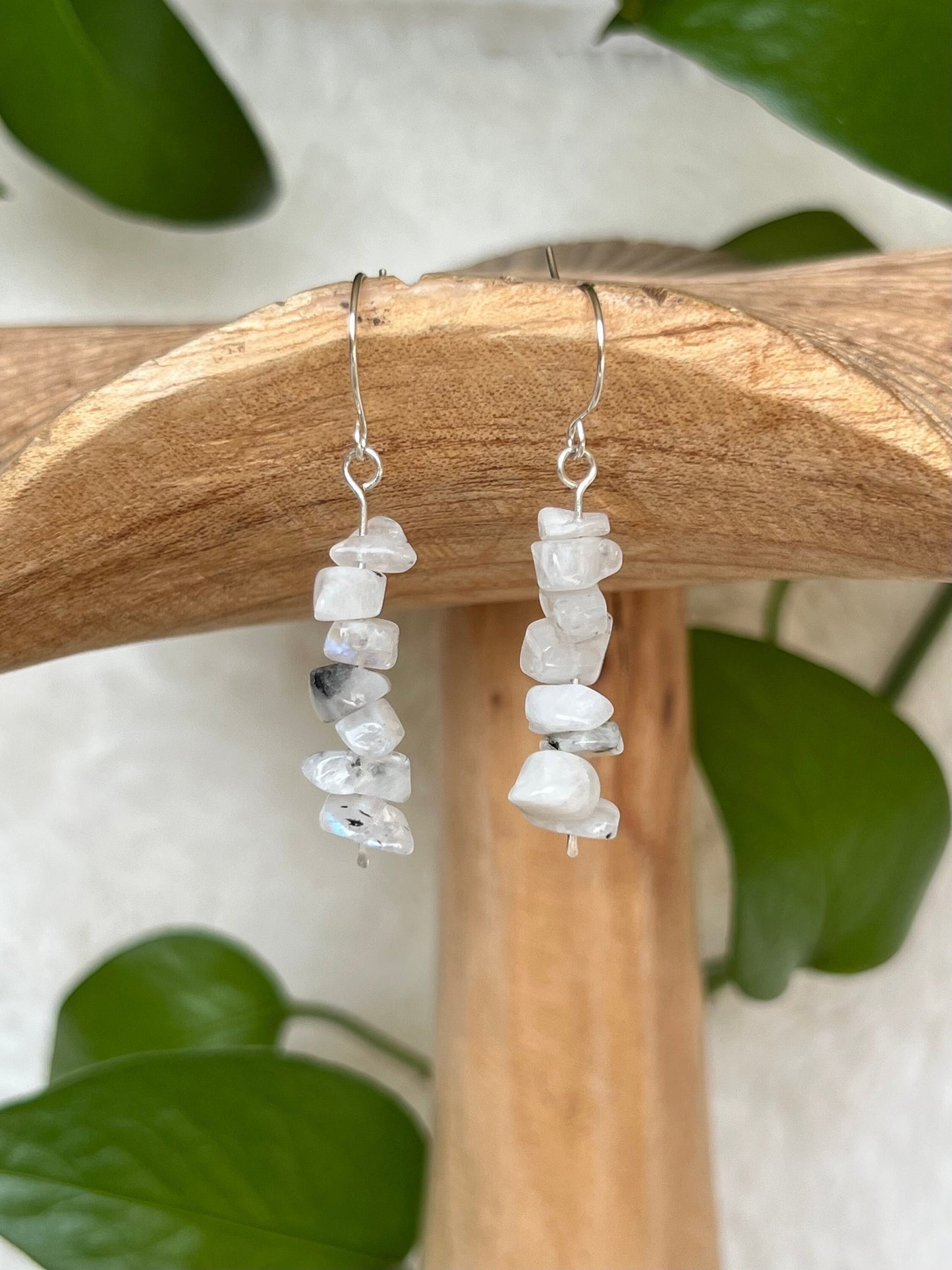Moonstone crystal earrings made with sterling silver wire. Dangle is 2" long.