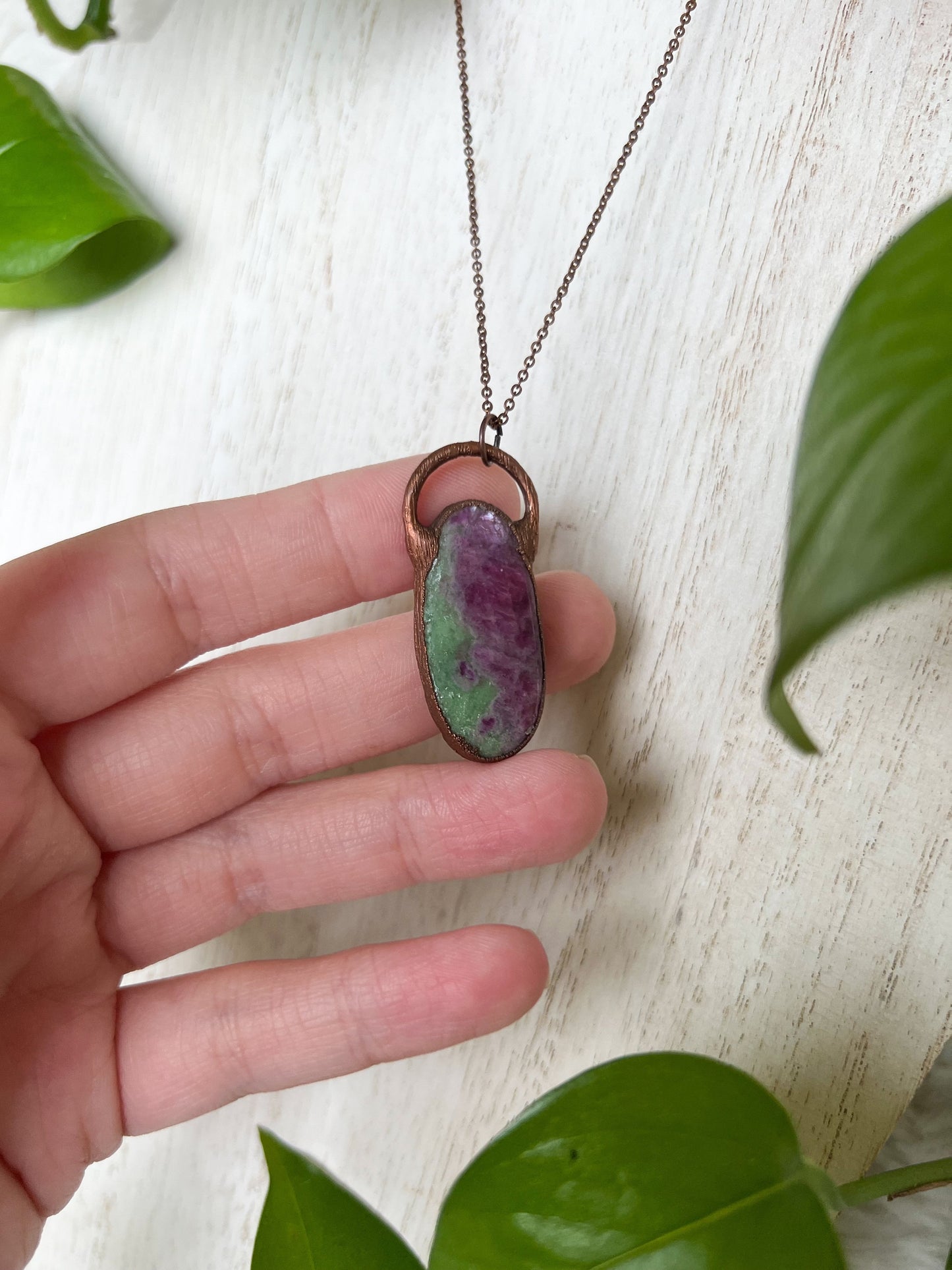Ruby Zoisite Necklace, Simple Crystal Pendant, Copper Electroformed Jewelry, Gift for Her, Artisan Made Jewelry
