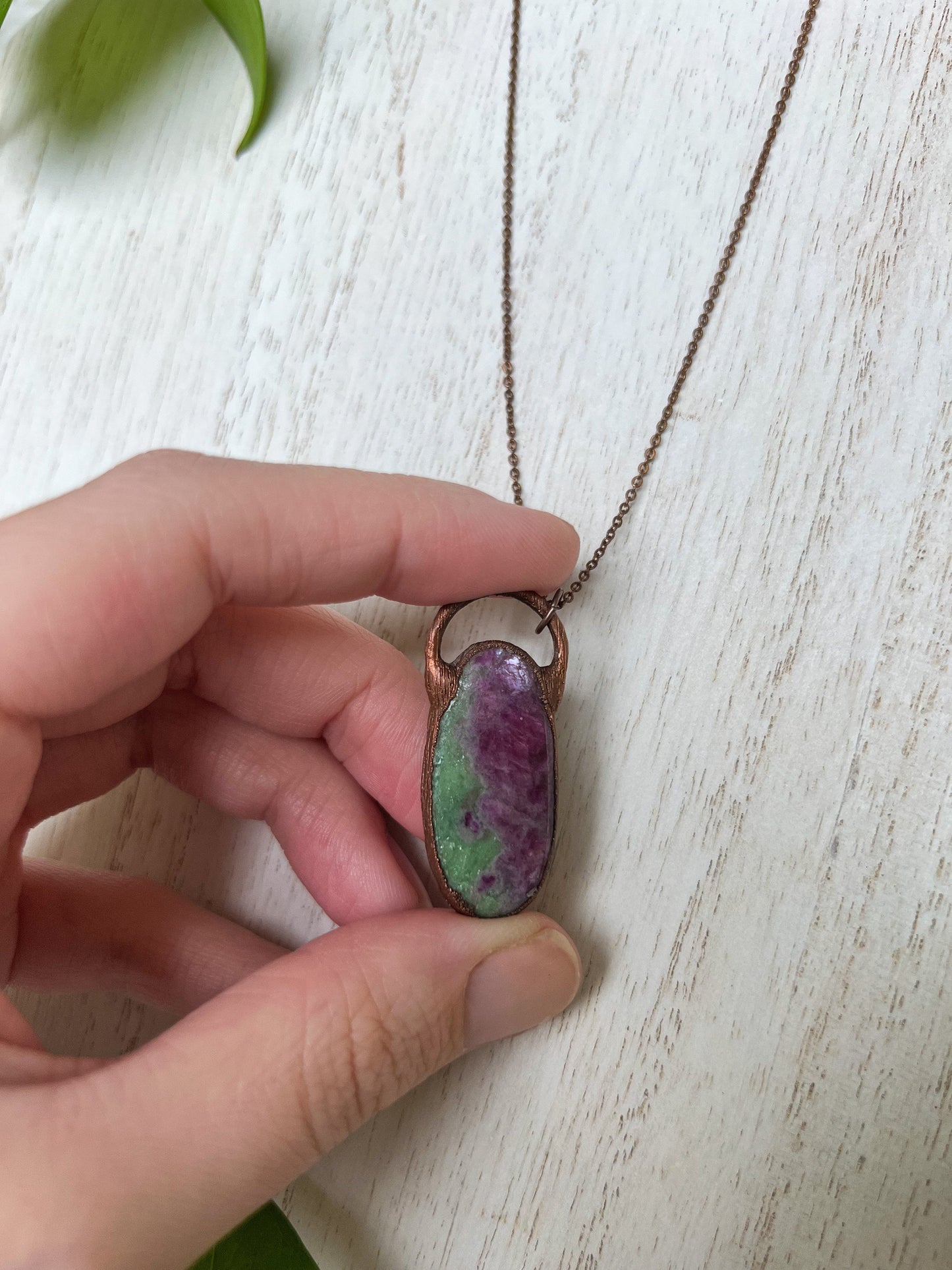 Ruby Zoisite Necklace, Simple Crystal Pendant, Copper Electroformed Jewelry, Gift for Her, Artisan Made Jewelry