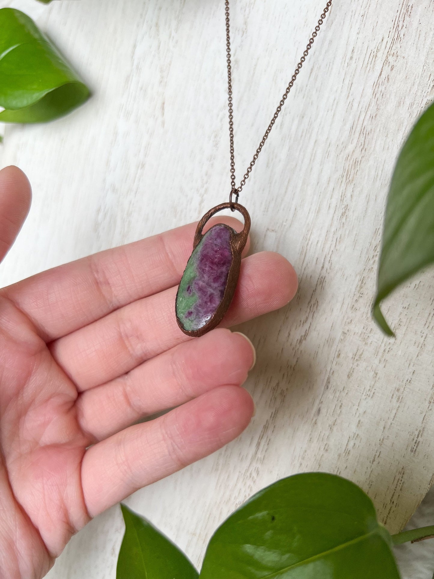Ruby Zoisite Necklace, Simple Crystal Pendant, Copper Electroformed Jewelry, Gift for Her, Artisan Made Jewelry