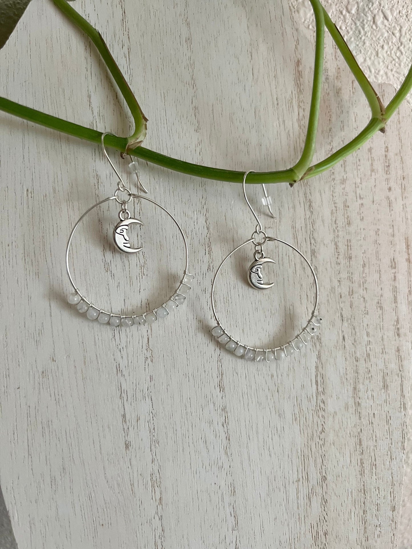 Moonstone Hoop Earrings, Sterling Silver Wire Wrapped Earrings, Artisan Handmade Jewelry