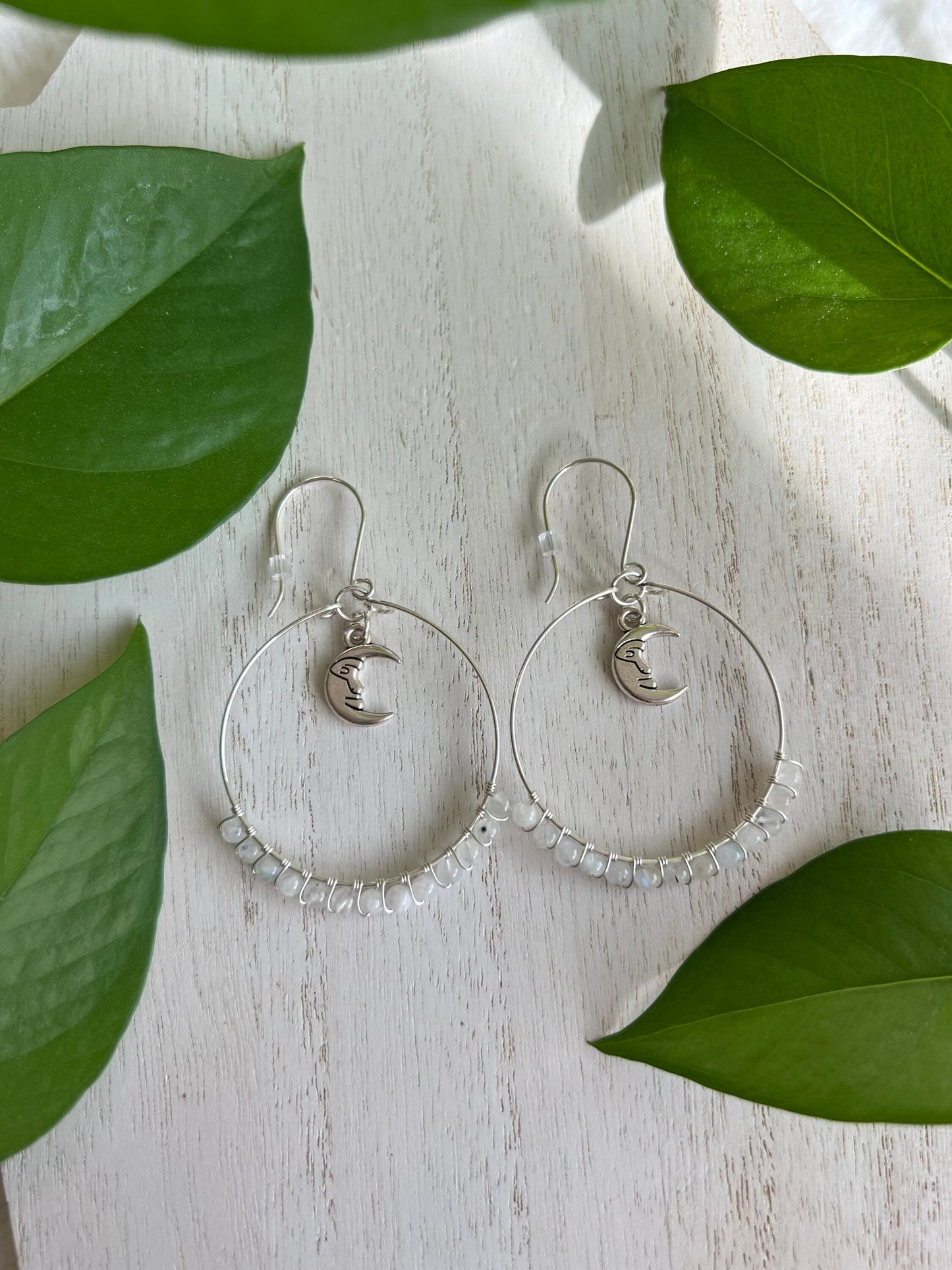 Moonstone Hoop Earrings, Sterling Silver Wire Wrapped Earrings, Artisan Handmade Jewelry