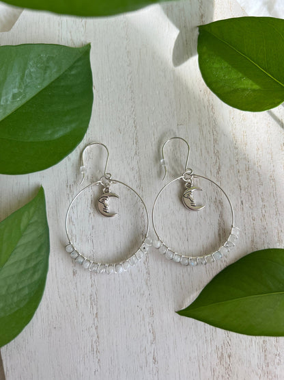 Moonstone Hoop Earrings, Sterling Silver Wire Wrapped Earrings, Artisan Handmade Jewelry