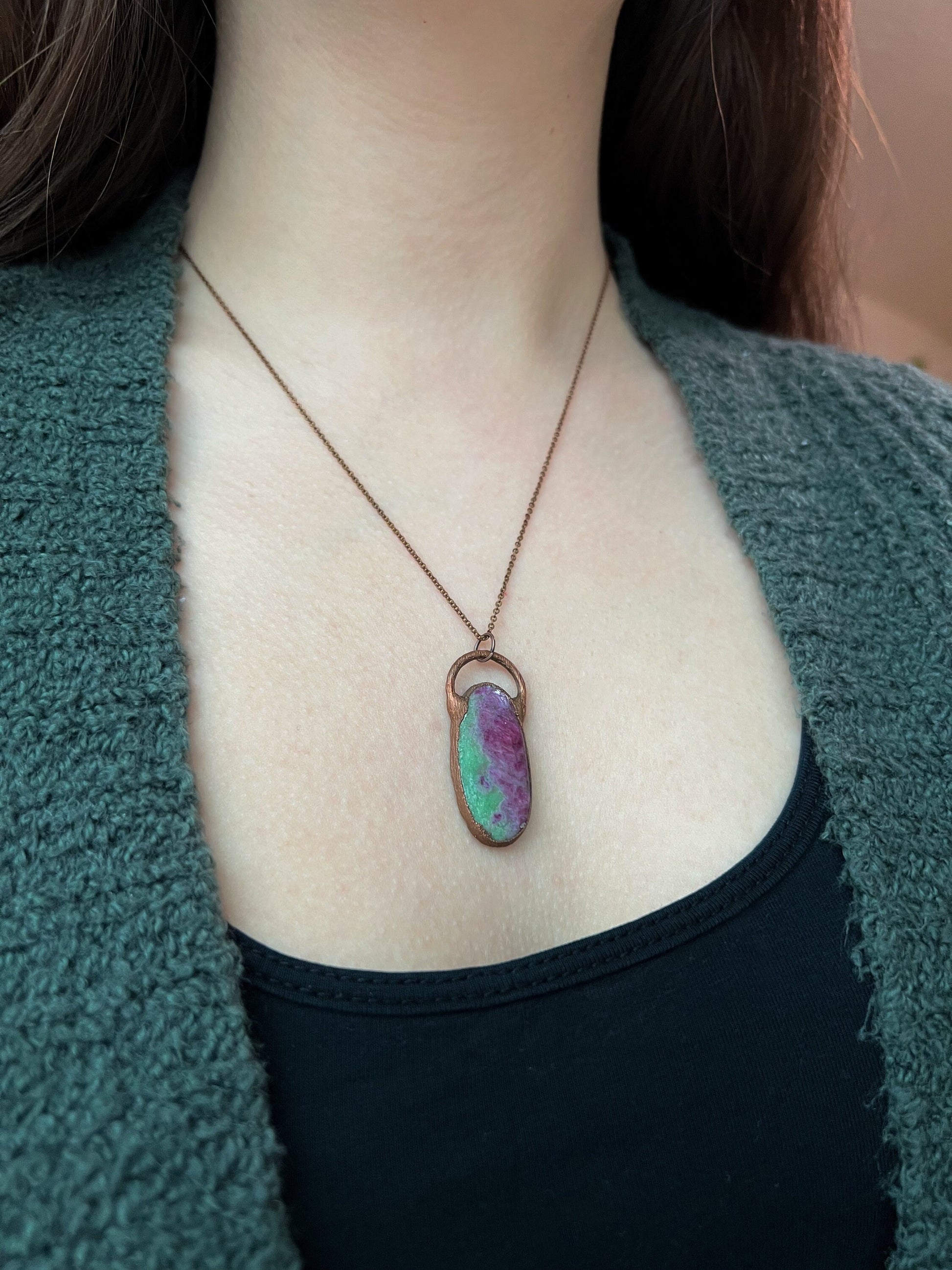 Ruby Zoisite Necklace, Simple Crystal Pendant, Copper Electroformed Jewelry, Gift for Her, Artisan Made Jewelry