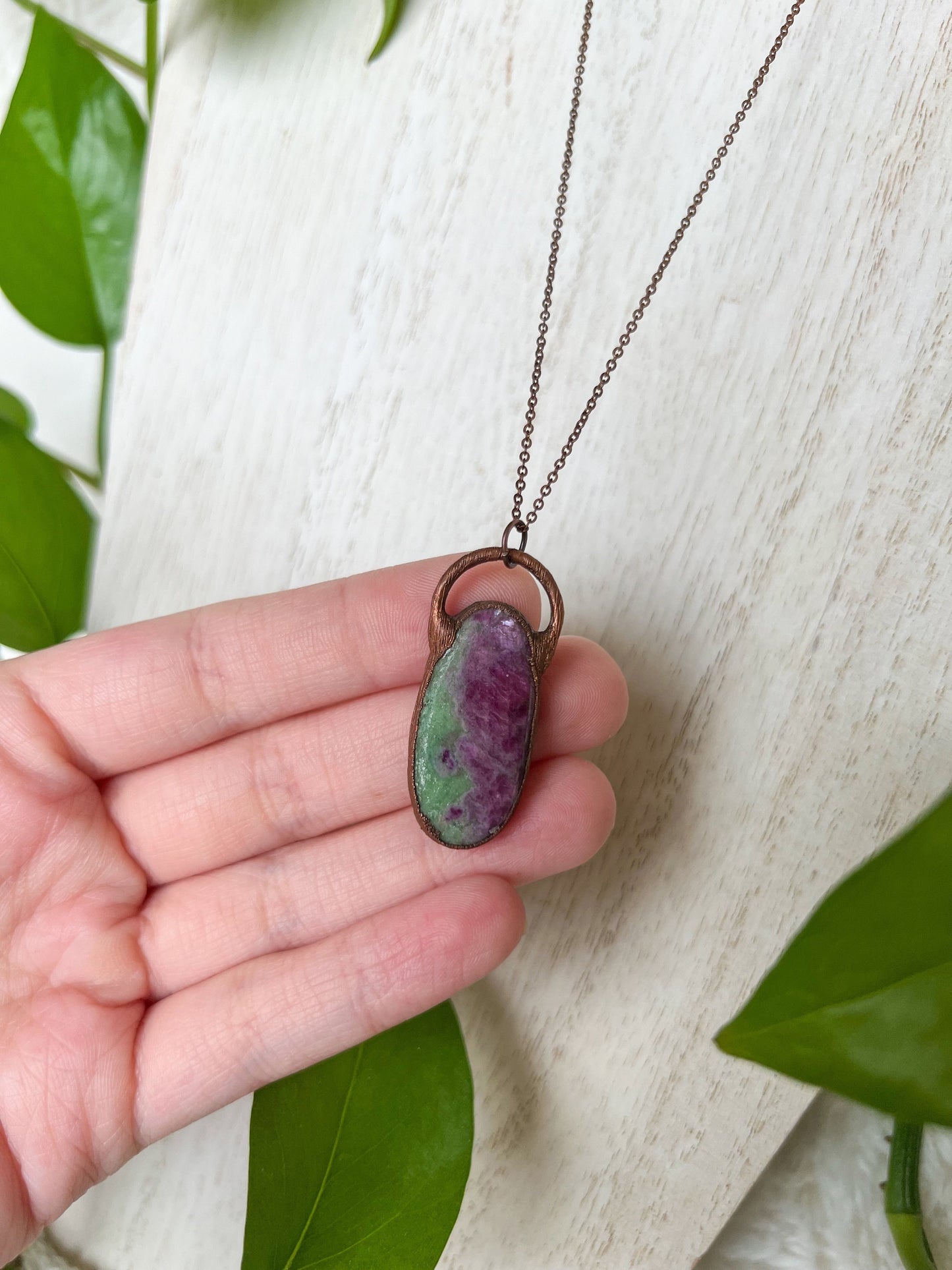 Ruby Zoisite Necklace, Simple Crystal Pendant, Copper Electroformed Jewelry, Gift for Her, Artisan Made Jewelry